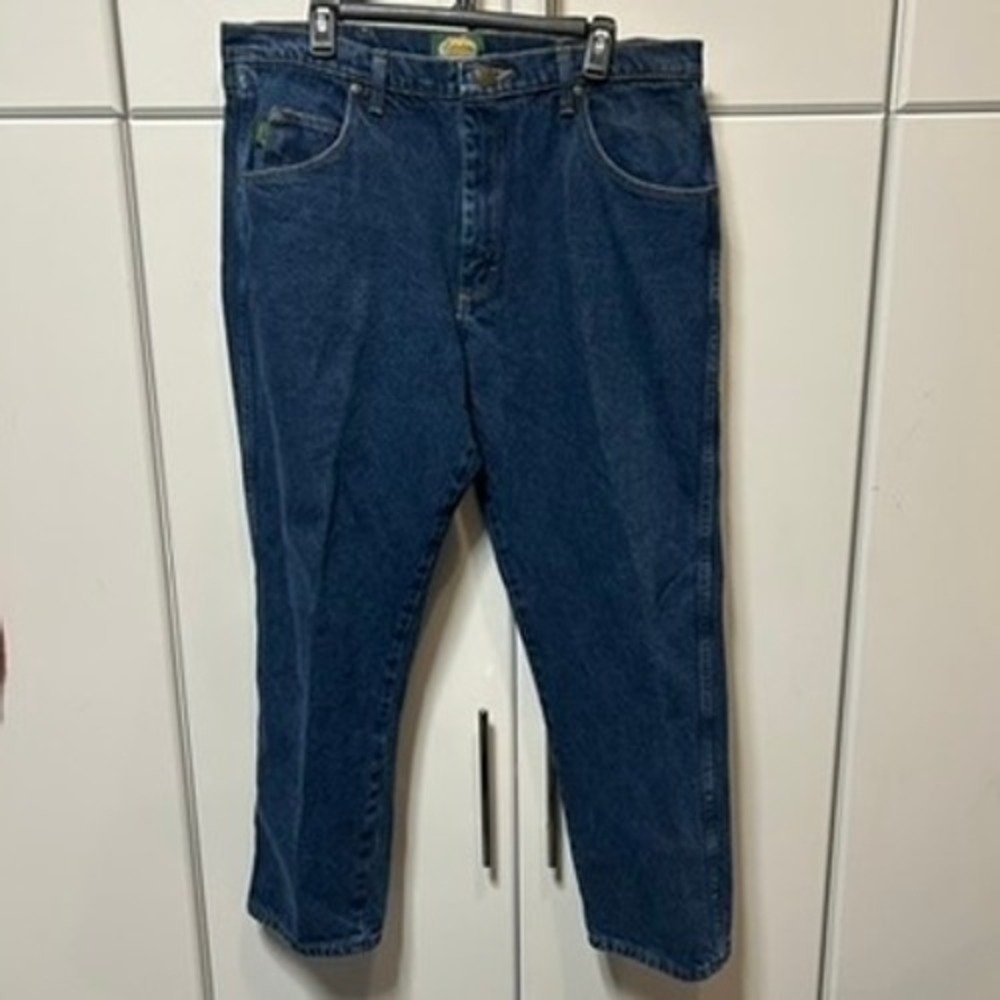 Cabelas Mens Flannel Lined Denim Jeans Blue Plaid Straight Leg 38x26.5 901288B